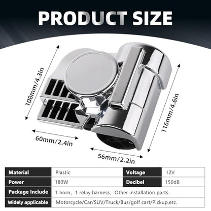 Motorcycle Air Horn Kit 12V 150db Super Loud Car Horn, with Air Compressor and Wiring Harness, Suitable for Any 12V Vehicle/Train/Truck/Motorbike/Boat/Pickup (silvery)