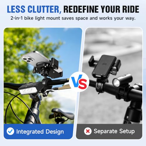 2026 NEW Bike Phone Holder, 2-in-1 Detachable Bike Light & Motorcycle Phone Mount Holder, IPX5 Rechargeable Bicycle Headlight, Adjustable for iPhone 17 16 15 Pro Max, Galaxy and 4-6.5" Phone