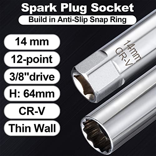 Spurtar 14mm Spark Plug Socket 12-Point Thin Wall 3/8" Drive Spring Clips Spark Plug Removal Tool Compatible with BMW, Mercedes, Nissan, Motorcycle, Car, SUV CRV Steel Wrench - size: 14mm Spring Clip