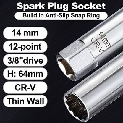 Spurtar 14mm Spark Plug Socket 12-Point Thin Wall 3/8" Drive Spring Clips Spark Plug Removal Tool Compatible with BMW, Mercedes, Nissan, Motorcycle, Car, SUV CRV Steel Wrench - size: 14mm Spring Clip