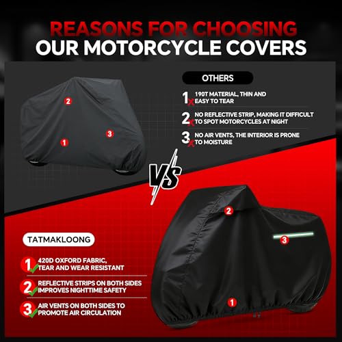 Motorcycle Cover, 420D Outdoor Storage Waterproof All Season Sun Protection Night Reflective with Adjustable Windproof Buckle Storage Bag Universal Fit up to 96.5" Motorbikes Vehicle Cover