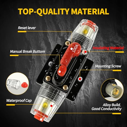 100 Amp Manual Reset Circuit Breaker DC 12-48V Waterproof Inline Fuse Holder, 3-15 AWG Overload Protection for Car Audio Sound Amplifier System RV Marine Boat Truck Solar (Pack of 2) - style: 100A