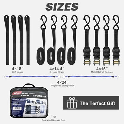 Motorcycle Tie Down Straps 1" x15' (4-Pack), Waterproof Carry Bag 2200lb Break Strength with Soft Loops & Coated S-Hooks for Truck, Trailer, ATV, UTV, Boat (Black) - color: Black