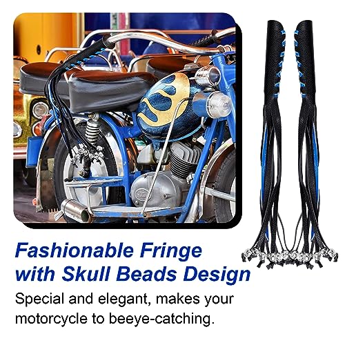 Motorcycle Lever Cover PU Leather Fringed Brake Clutch Covers Universal Grip Tassels Motorcycle Handlebar Covers with Skull Beads - color: Black with Blue Strap