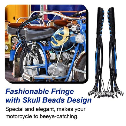 Motorcycle Lever Cover PU Leather Fringed Brake Clutch Covers Universal Grip Tassels Motorcycle Handlebar Covers with Skull Beads - color: Black with Blue Strap