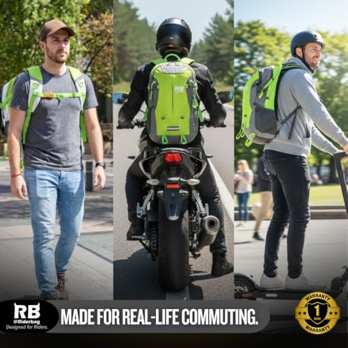 Reflective Motorcycle Backpack – Hi Viz EDC Commuter Bag for Riders, Night Travel, and Daily Use with Helmet Holder, Laptop Compartment, Ventilated Back, Urban Gear (green backpack) - color: Green