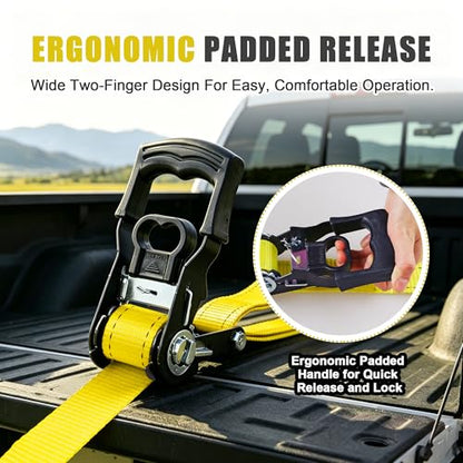 AWELCRAFT Ratchet Straps(4 Pack),3300lb Breaking Strength,1.5in×10ft Heavy Duty Tie Down Ratcheting with Padded Handles,Double J Hooks & 4 Soft Loops for Trailer,Trucks,Motorcycle(Yellow) - color: Yellow