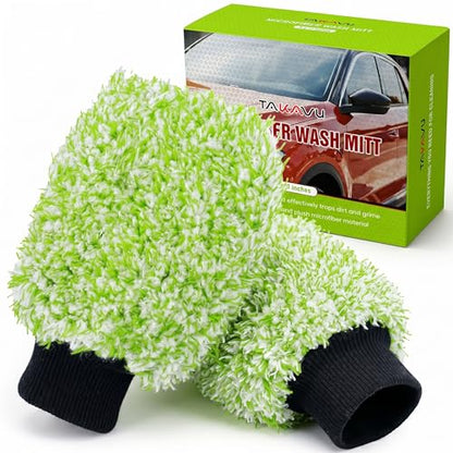 TAKAVU Car Wash Mitt Scratch Free, 2 Pack Microfiber Wash Mitts for Auto Detailing, Soft Lint Free Cleaning Gloves, Holds Sudsy Water, Machine Washable (Green & White) - color: Green