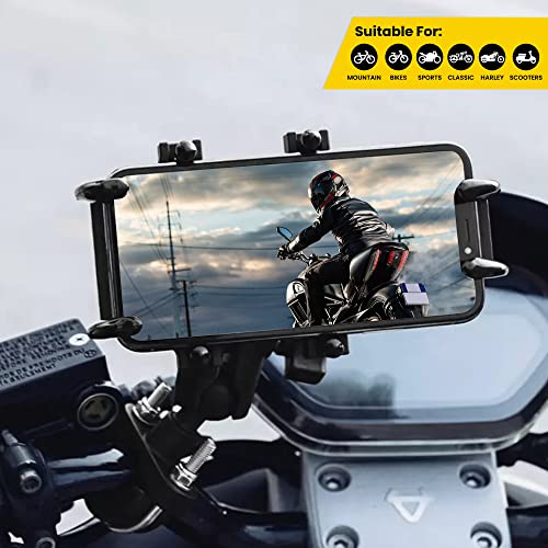GRAND PITSTOP Motorcycle Phone Mount Holder with 8 Clamps 100mph Military Anti-Shake Bike Phone Holder, 10s Quick Install Handlebar Phone Mount, Compatible with iPhone, Samsung, All Phones (Black)