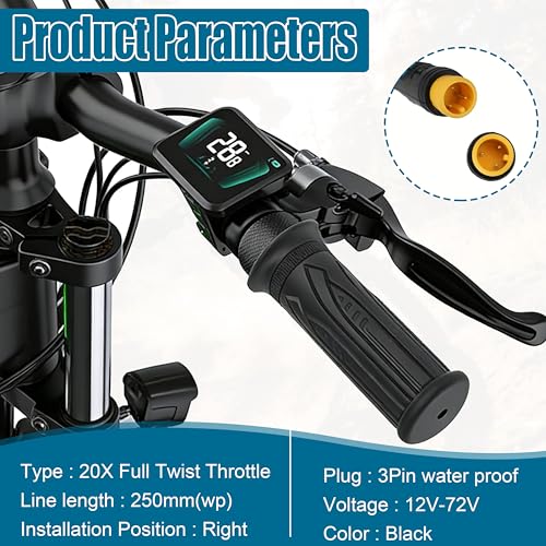 20X Full Twist Throttle Grip, 3 Pin Water Proof Connection | Compatible with Ebike 12V-72V, Electric Bike Throttle, with Waterproof Connector, Electric Bicycle, E-Scooter, Mountain Bike