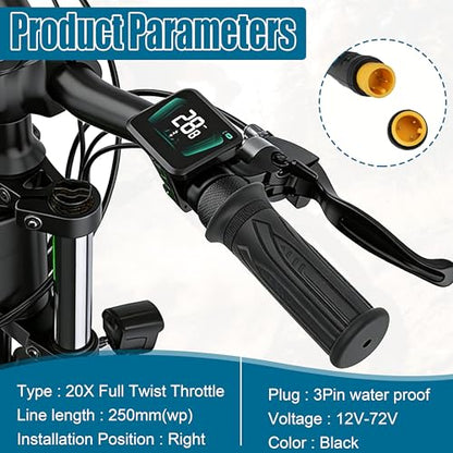 20X Full Twist Throttle Grip, 3 Pin Water Proof Connection | Compatible with Ebike 12V-72V, Electric Bike Throttle, with Waterproof Connector, Electric Bicycle, E-Scooter, Mountain Bike