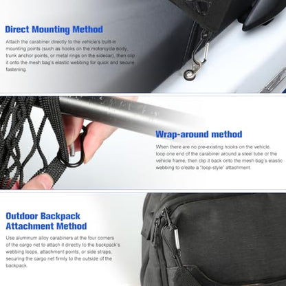 Motorcycle Cargo Net, 14"X14" High-Elastic Double Layer Bungee Net, Helmet Holder for Backpack with 6 Metal Carabiners, Expandable Mesh Storage Bag for Motorcycle and Bicycle Racks and Backpacks