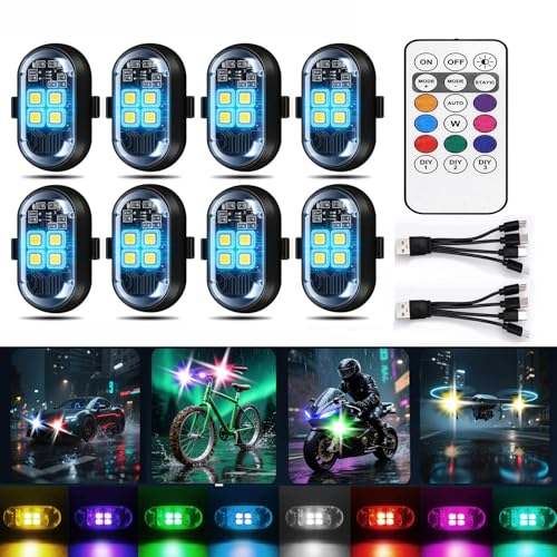 Upgraded 4-lamp high-Brightness 8-Group Wireless LED Warning Strobe Lights |8 Colors, Waterproof Lights with Remote Control| Wireless led Strobe Lights for Cars, Motorcycles, Bicycles and Drones (8)