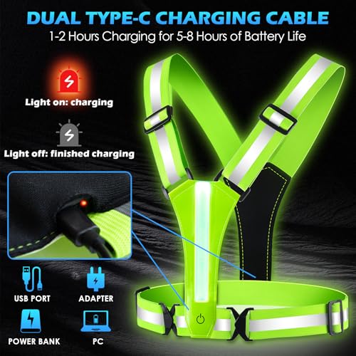 Topward LED Reflective Vest Running Gear, 8 Lights Colors Illuminated, USB-C Rechargeable, High Visibility Safety Vest with Adjustable Waist/Shoulder, Light Up Vest for Night Dog Walking Cycling