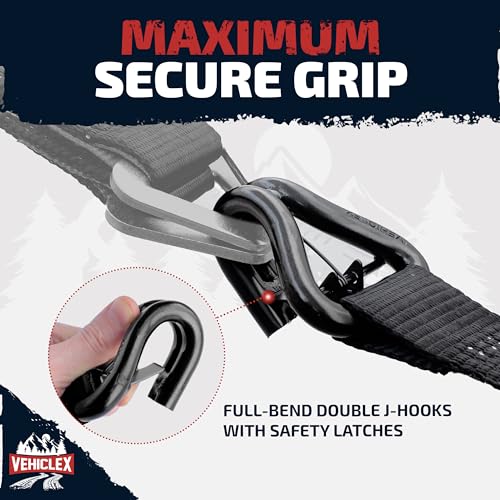 Vehiclex Car Tie Downs with Double J-Hooks - Heavy Duty 2PK, 2" x 8ft Car Hauling Straps for Trailers, 11,000 lb Breaking Strength - style: Ratchet Straps 2PK