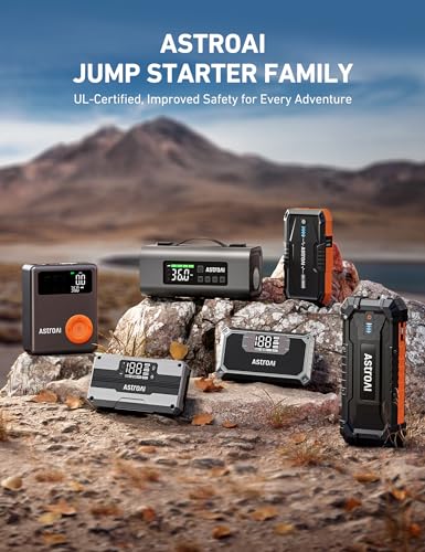 AstroAI 2500A Portable Car Battery Jump Starter with 150PSI Air Compressor 30W Quick Charger, 14800mAh Jump Box (7.5L Gas & 5.0L Diesel) 12V Jump Box with Booster, LED Light, Jumper Cables - color: Grey