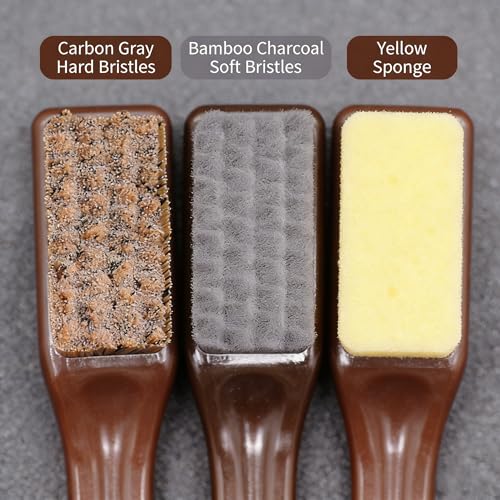 Multi-Purpose Cleaning Brush Set with Carbon Gray Hard Bristles, Bamboo Charcoal Soft Bristles, and Yellow Sponge, 3 Pack Small Detail Brushes for Collectibles, Toys, and Crevices