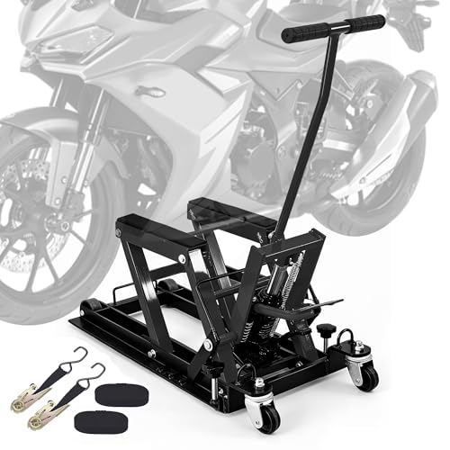 1500 Lbs Hydraulic Moto Lift, Foot-Operated, 3-Speed Lock & Belts, Black | 1500 Lbs Hydraulic Moto Lift, Foot-Operated Jack, 9.4"-14" Height, 3-Speed Lock, 2 Ratchet Belts, for ATV/UTV - color: Black