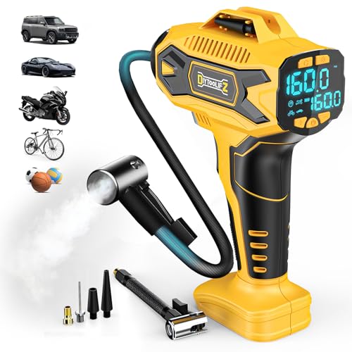 DIYtoolifz Cordless Tire Inflator Air Compressor Compatible with Dewalt 20V Battery, 160PSI Portable Air Pump with Digital Pressure Gauge, Fast Inflation for Cars, Motorcycles, Bikes (Tool Onlyl) - color: Yellow- Compatible With Dewalt 20v(baretool), size
