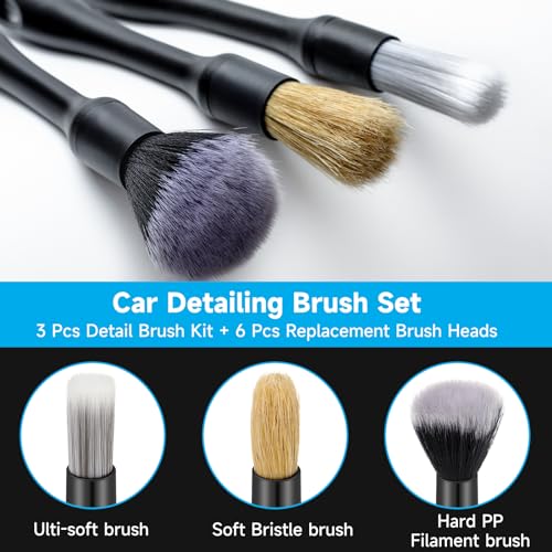 9 Pcs Car Detailing Brush Set No Scratch for Clean Interior or Exterior, Dashboard, Air Vent, Leather Seats, Emblems, Tires, Engine Bay (6 PCS Replacement Brush Head)