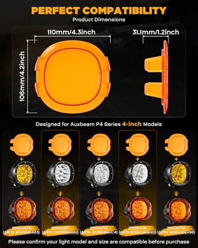 Auxbeam P4 Series 4 Inch Deep Amber Light Covers 2300K Dark Amber Tint Round Off-Road Light Lens Cap LED Pods Covers Reduce Glare for Fog & Dust Low Visibility, 2 Packs - color: P4 Series 4" Amber Covers