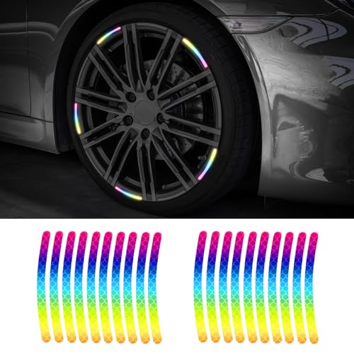 20PCS Reflective Car Wheel Decorative Stripe Stickers, Night Safety Warning Tape Sticker, Anti-Scratch Tire Rims Sticker, Universal Fluorescent Auto Decals for Motocycle Bike (Colorful) - color: Colorful