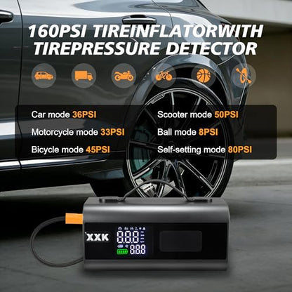 Tire Inflator Portable Air Compressor,2000A Battery Car Jump Starter, Auto Shut-Off,160PSI Air Pump with Tire Gauge Pressure&LED Light,15000PA Vacuum with Suction &Blow, for Cars, Motorcycles, Balls