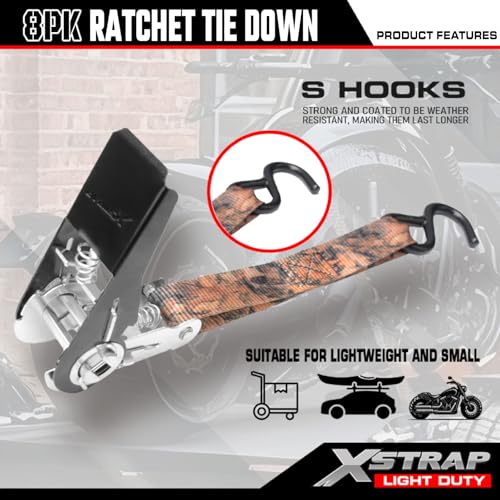 XSTRAP STANDARD 8-Pack Ratchet Tie Down Straps, 1" x 10ft, 900lb Break Strength Heavy Duty Straps for Motorcycles, ATVs, Lawn Equipment, Appliances & Truck Cargo - Camouflage - color: Camouflage
