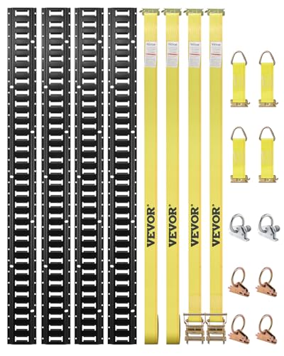 VEVOR E-Track Tie-Down Rail Kit, 5' E Tracks Set, 16Pcs Includes 4 Steel Rails & 2 Single Slots & 6 O-Rings & 4 Tie-Offs w/D-Ring & 2 Ratchet Straps, Cargo Motorcycles Bikes Securing Accessories
