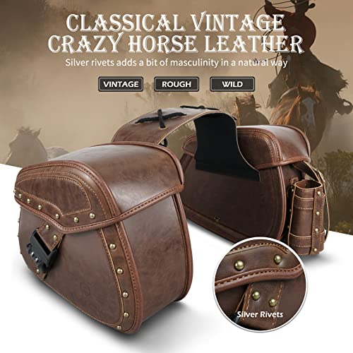 NICECNC Saddle Bags, PU Leather Motorcycle Saddlebags, Reinforced Straps & Saddle Piece, with Cup Holder & Lock, Throw Over Saddle Bag Side Bags, Brown - color: Brown