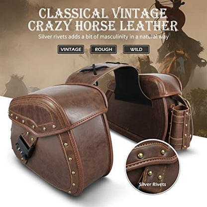 NICECNC Saddle Bags, PU Leather Motorcycle Saddlebags, Reinforced Straps & Saddle Piece, with Cup Holder & Lock, Throw Over Saddle Bag Side Bags, Brown - color: Brown