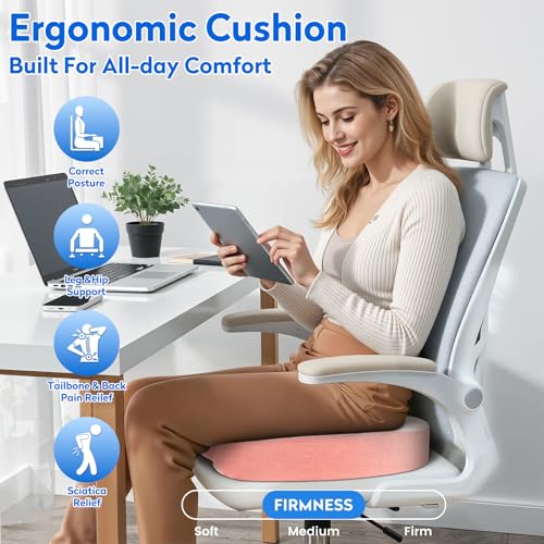 CushZone Seat Cushion, Office Chair Cushions, Car Seat Cushion, Non-Slip Sciatica & Back Coccyx Tailbone Pain Relief Chair Pad, Memory Foam (Large,Pink) - color: Pink, size: X-Large