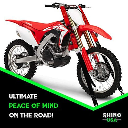 Rhino USA Motorcycle Tie Down Straps (2 Pack) Lab Inspected 3,328lb Break Strength, Steel Cambuckle Tiedown Set with Integrated Soft Loops - Better Than a Ratchet Strap (Red 2-Pack)