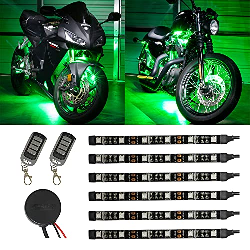 LEDGlow 6pc Advanced Green LED Motorcycle Accent Neon Underglow Lighting Kit - 4 Patterns - 4 Brightness Levels - 6" Flexible Light Strips - Includes Waterproof Control Box & 2 Wireless Remotes