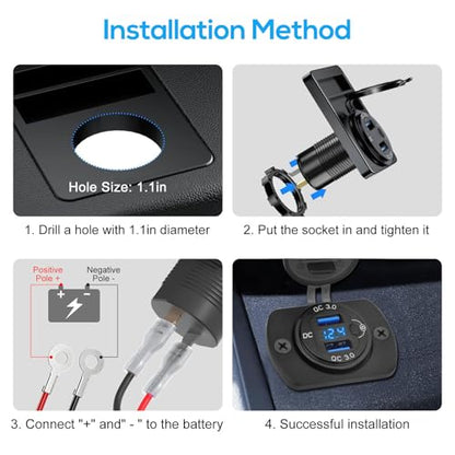 Linkstyle 2PCS 12V USB Outlet, Dual 18W QC3.0 USB A Ports Car Charger Socket with Botton Switch & Blue LED Voltmeter for 12V/24V RV Boat Truck
