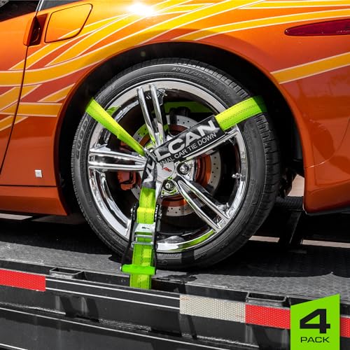 VULCAN Car Tie Down with Snap Hooks - Lasso Style - 2 Inch x 96 Inch - 4 Pack - High-Viz - 3,300 Pound Safe Working Load - size: Snap Hooks - High Viz Green (4 Pack)