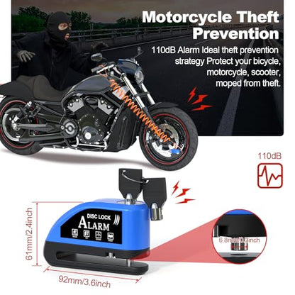 JAGASOL Motorcycle Lock Rechargeable, Alarm Disc Brake Lock with Reminder Cable, 110 dB Alarm Sound, Anti-Theft Waterproof, 2 H Fast-Charging, 9 Months Standby, 7 mm Lock Pin Universal for Bikes