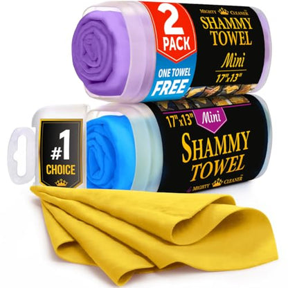 Premium 2pk Mini +1 Free Shammy Cloth for Car Drying - 17”x13” - Super Absorbent Chamois Towel for Car - Scratch-Free, Reusable & Soft Cleaning Towel - color: Yellow, Blue, Purple