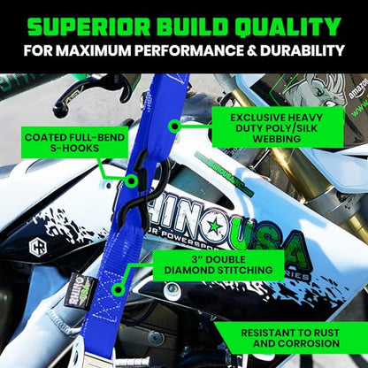 Rhino USA Motorcycle Tie Down Straps (2 Pack) Lab Inspected 2,200lb Break Strength, Steel Cambuckle Tiedown Set with Integrated Soft Loops - Better Than a Ratchet Strap (Blue 2-Pack) - color: Blue 2-Pack