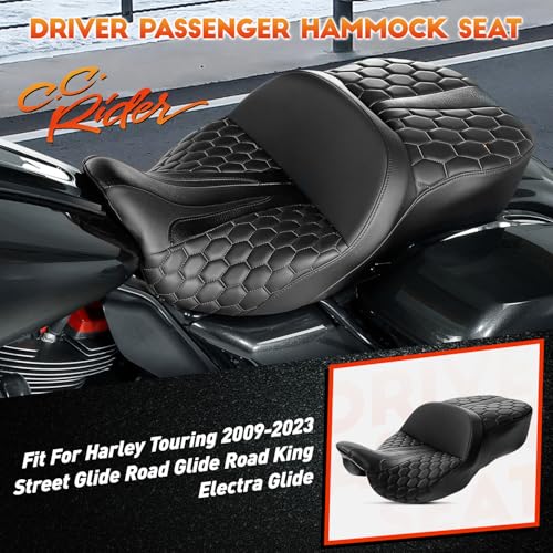C.C. RIDER Driver Passenger Seat Hammock Gel Black Hexagon Fit For Harley Touring 2009-2023 Street Glide Road Glide Road King Electra Glide and 2009-2021 Tri Glide - color: 23# Gel Black