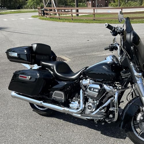 TCT-MOTORPARTS Gloss Black Chopped Tour Luggage Trunk w/Backrest & Mount Rack Fit for Harley Touring 2014-2025 Harley Touring CVO Road Street Special Electra Glide Road King - color: Vivid Black Chopped Trunk+Chrome Rack