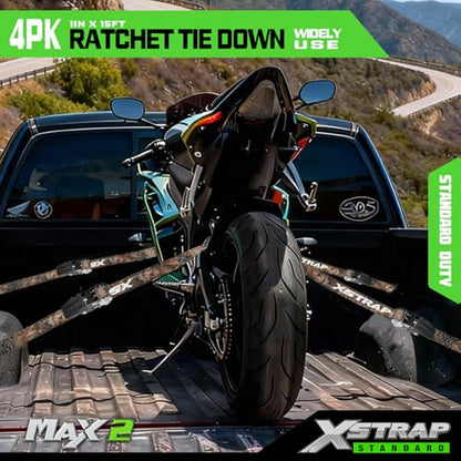 XSTRAP STANDARD 4-Pack Ratchet tie-Down Straps (1" x 15 ft) Feature Integrated Soft Loops, Padded Handles, Coated S-Hooks with Safety Clips, 1890 lbs Break Strength for Motorcycles, Trucks(Camouflage) - size: Camouflage-1890 lbs