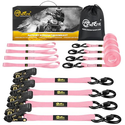 4Pcs Ratchet Tie Down Straps Kit for 2400lb Break Strength | 1” x 16FT Tie Down Straps with Soft Loop Tie-Downs & Safety S Hook - Cargo Strap Tie Down for Trucks, Motorcycle, Moving, Appliances - Pink - color: Pink