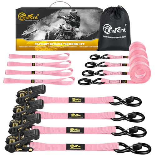 4Pcs Ratchet Tie Down Straps Kit for 2400lb Break Strength | 1” x 16FT Tie Down Straps with Soft Loop Tie-Downs & Safety S Hook - Cargo Strap Tie Down for Trucks, Motorcycle, Moving, Appliances - Pink - color: Pink