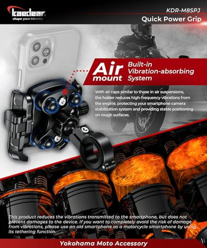 Kaedear Motorcycle Phone Holder, Phone Mount, Air Mount, Vibration Absorbing Mount, Quick Release, Power Grip, KDR-M8SPJ (Black)