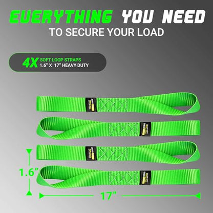 Soft Loop Tie Down Straps - 1.6'' x 17'' (4 Pack), 10000 lb Breaking Strength, Heavy Duty with Soft Loop Ends for Securing ATV, UTV, Motorcycles, Scooters, Dirt Bikes, Lawn Garden Equipment - Green - color: Green