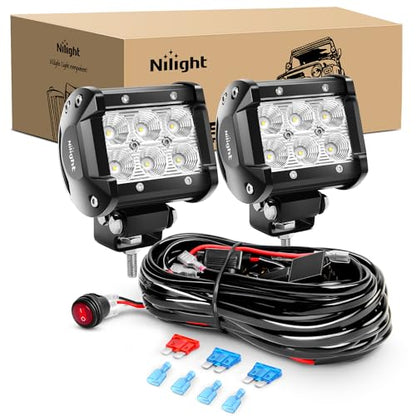 Nilight - ZH010 2PCS 4 Inch 18W Flood LED Fog Lights Off Road Driving Lights With Wiring Harness, 2 Years Warranty - color: Led Pods+Wiring Harness