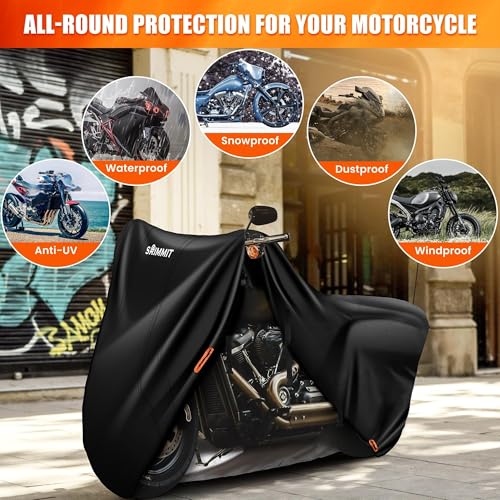 Motorcycle Cover with Side + Top Box, 420D Heavy Duty Nano-Coated, Touring Bike Cover, 5 Reflective Strips,Air Vents,3 Windproof Buckles,Antenna Zipper - color: Black, size: Side+Top Box(118"x44"x56")
