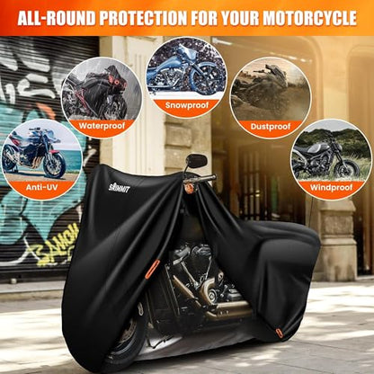 Motorcycle Cover with Side + Top Box, 420D Heavy Duty Nano-Coated, Touring Bike Cover, 5 Reflective Strips,Air Vents,3 Windproof Buckles,Antenna Zipper - color: Black, size: Side+Top Box(118"x44"x56")