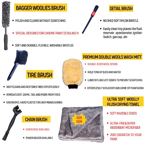 oesee Motorcycle Cleaning Kit 6 Pack Design for Chrome, Woolies Brush, Wool Wash Mitt, Tire&Chain Brush, Detailing Brush& Ultra Plush Towel for Motorcycle& Bike Chrome Painted, Rims, Exhaust, Surface - size: Grey(6 Pack)
